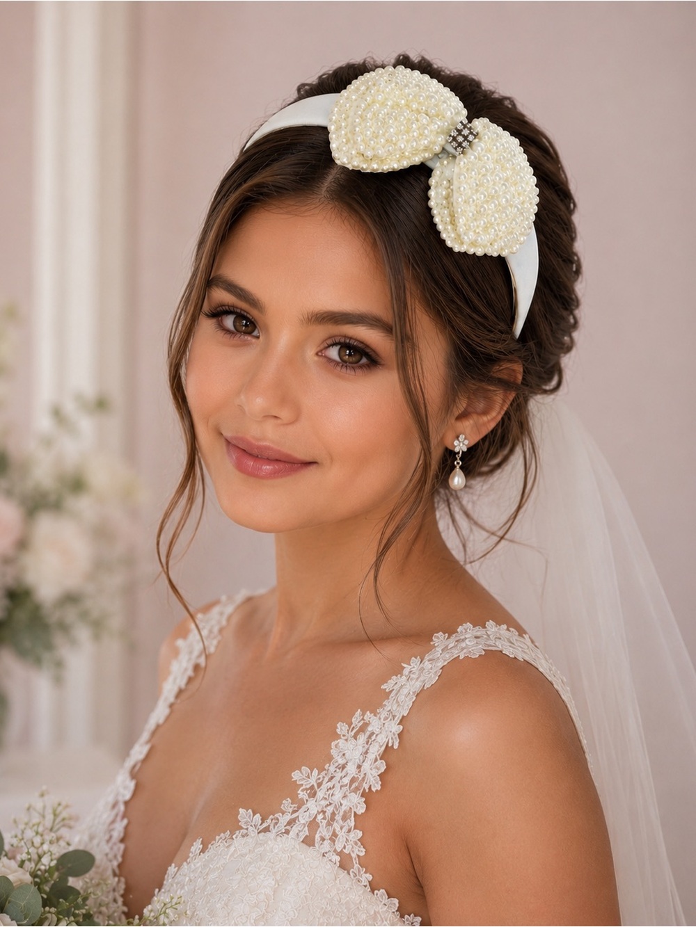 Pearl Bow Bridal Headband - White